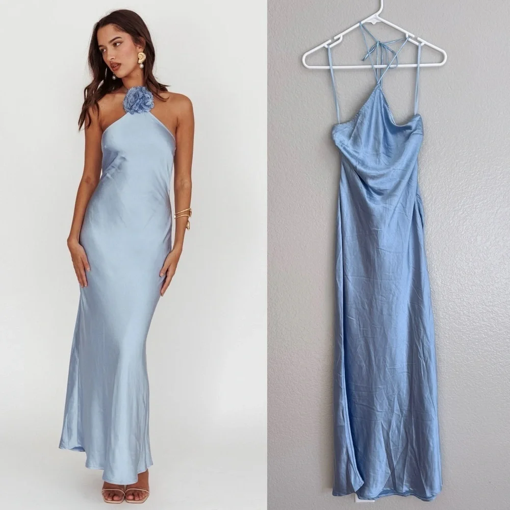 Selfie Leslie High Roller Flower Decoration Halter Dress Blue